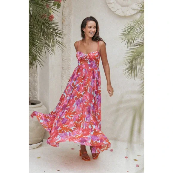 Petal & Pup Red Pink Orange Floral Pleated Maxi Dress - Picture 12 of 14